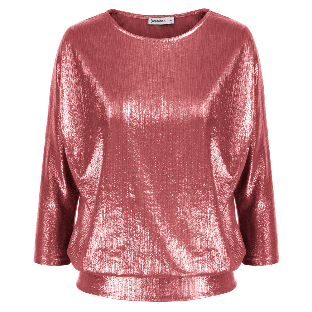 Jasambac Women Metallic-Like Tops Loose Fit 3/4 Sleeve Crew Neck Tops