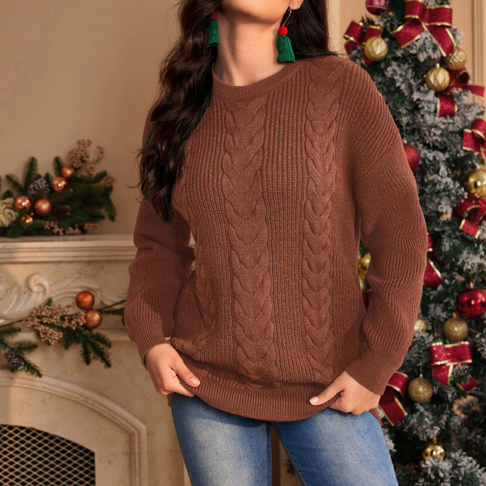 Jasambac Women Cable Knitted Sweater Dropped Shoulder Crew Neck Pullover Jumper