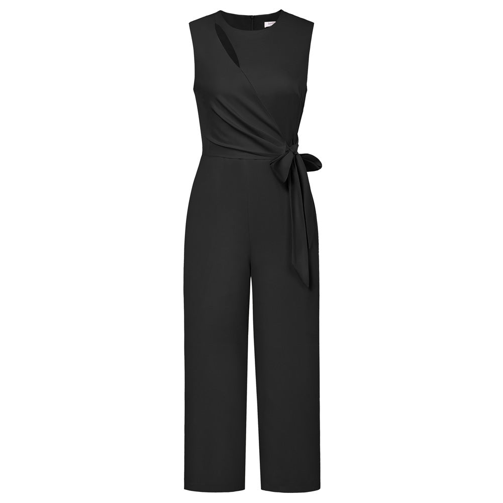 Jasambac Women Straight Leg Jumpsuit OL Sleeveless Crew Neck Full Length Romper