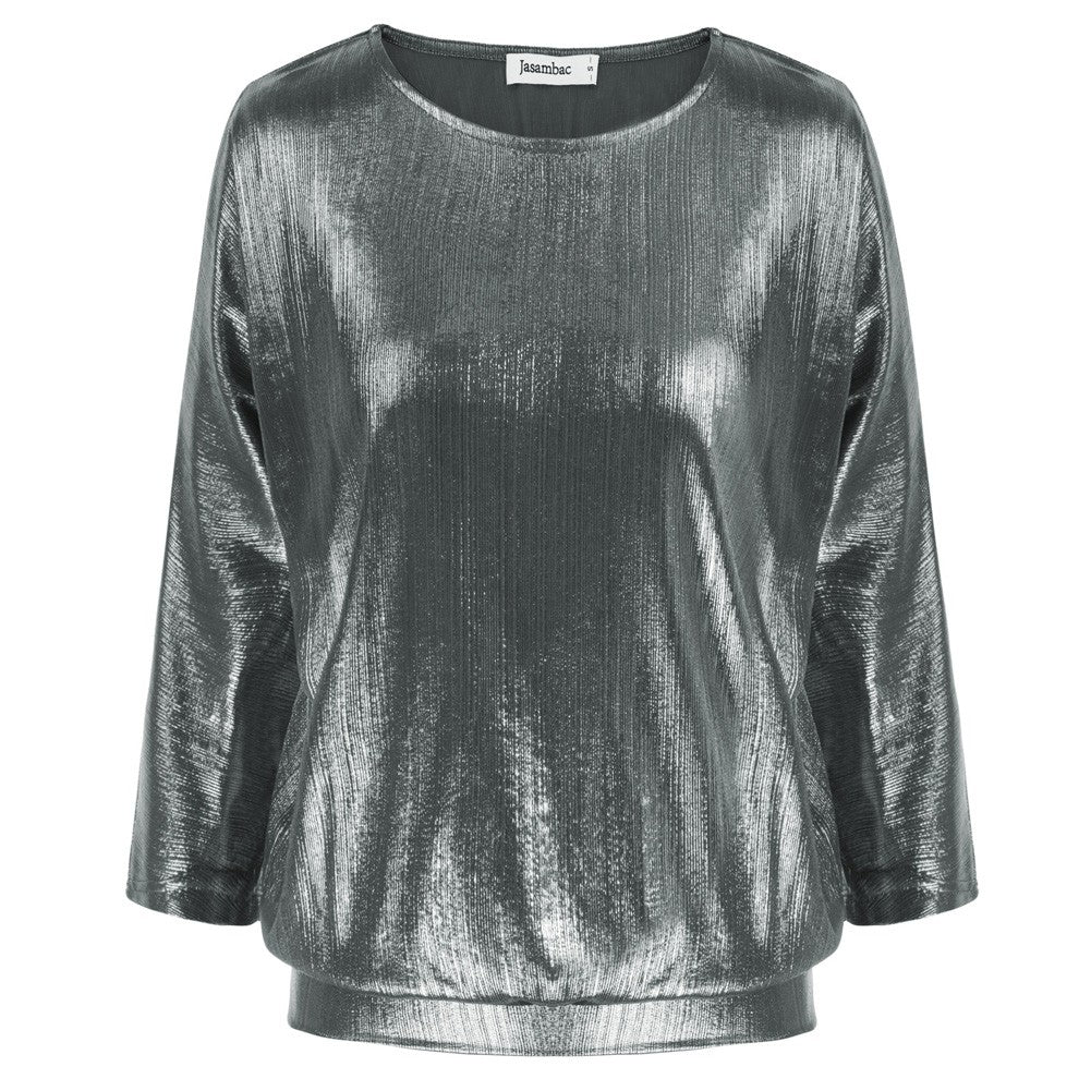 Jasambac Women Metallic-Like Tops Loose Fit 3/4 Sleeve Crew Neck Tops