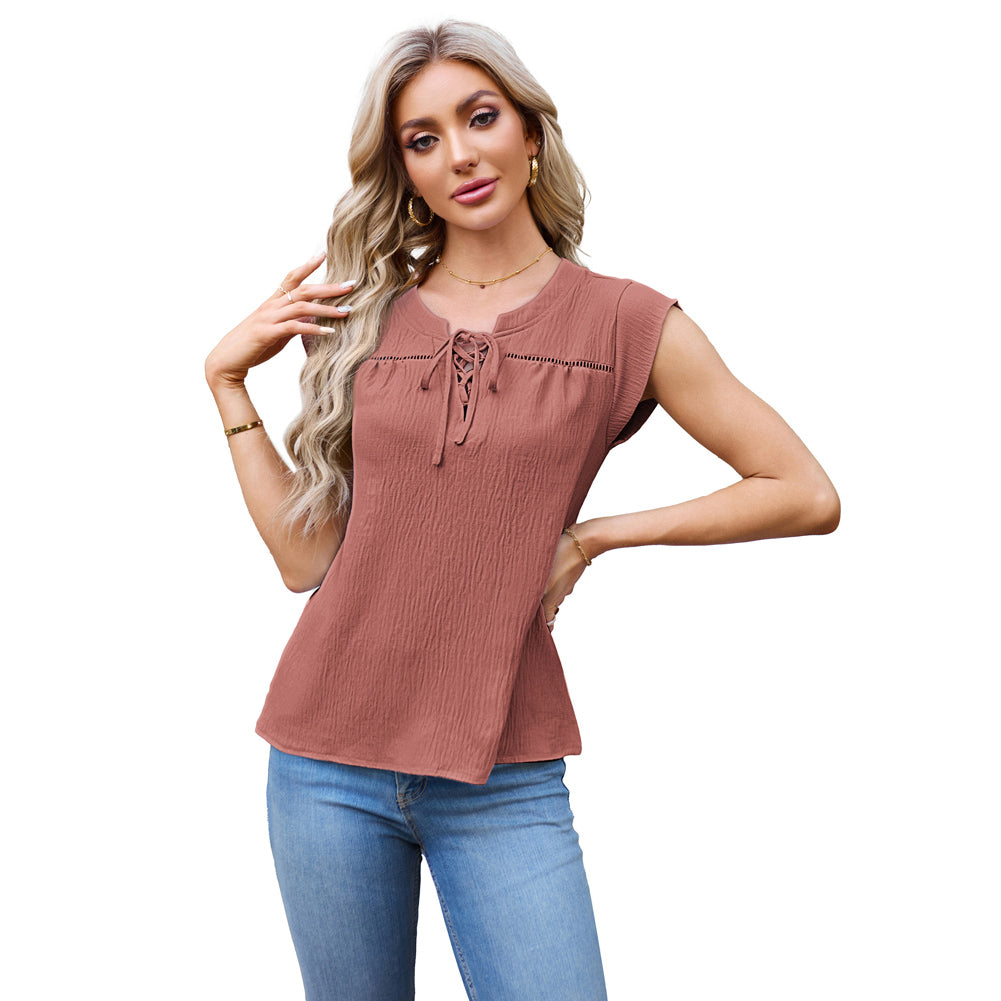 Jasambac Women Notched Neck Tops Loose Fit Casual Cap Sleeve Lace-up Neck Tops