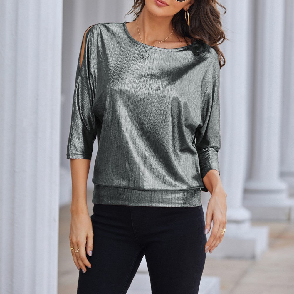 Jasambac Women Metallic-Like Tops Loose Fit 3/4 Sleeve Crew Neck Tops