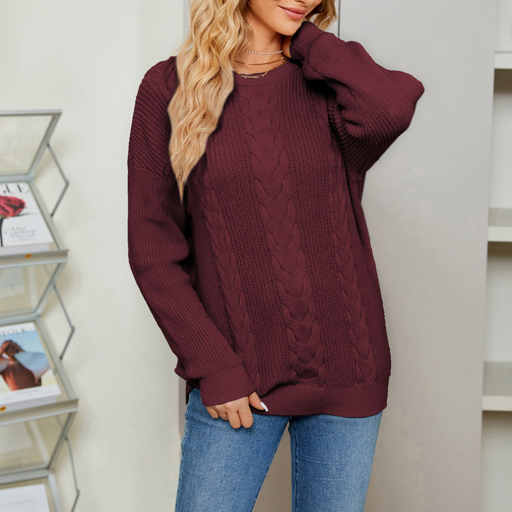 Jasambac Women Cable Knitted Sweater Dropped Shoulder Crew Neck Pullover Jumper