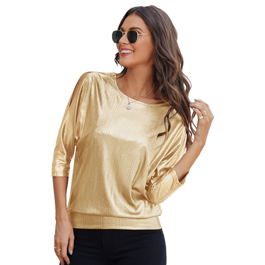 Jasambac Women Metallic-Like Tops Loose Fit 3/4 Sleeve Crew Neck Tops