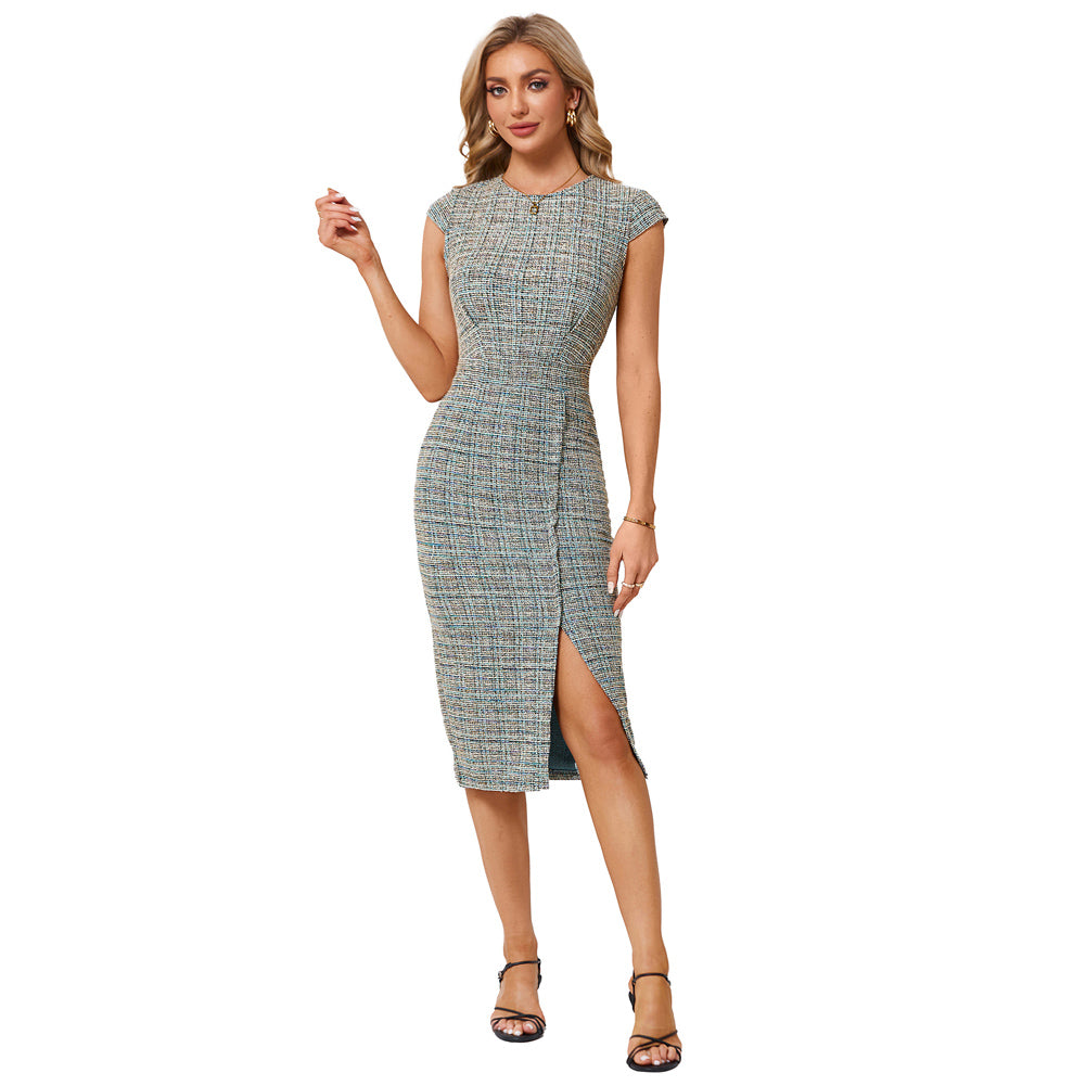 Jasambac Women Wrap Hem Tweed Dress OL Cap Sleeve Crew Neck Bodycon Dress