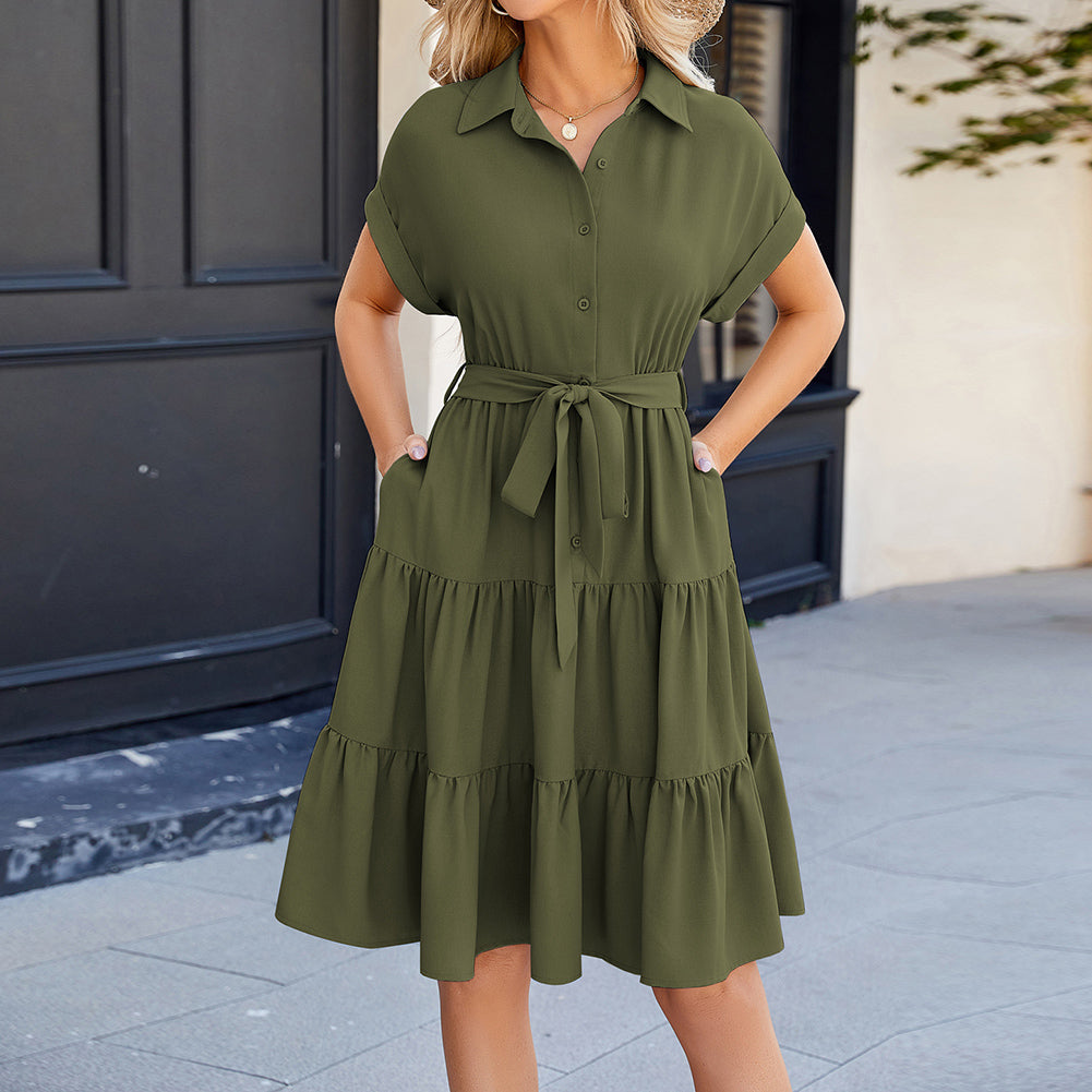 Jasambac Women Shirt Dress Short Sleeve Lapel Collar Elastic Waist A-Line Dress