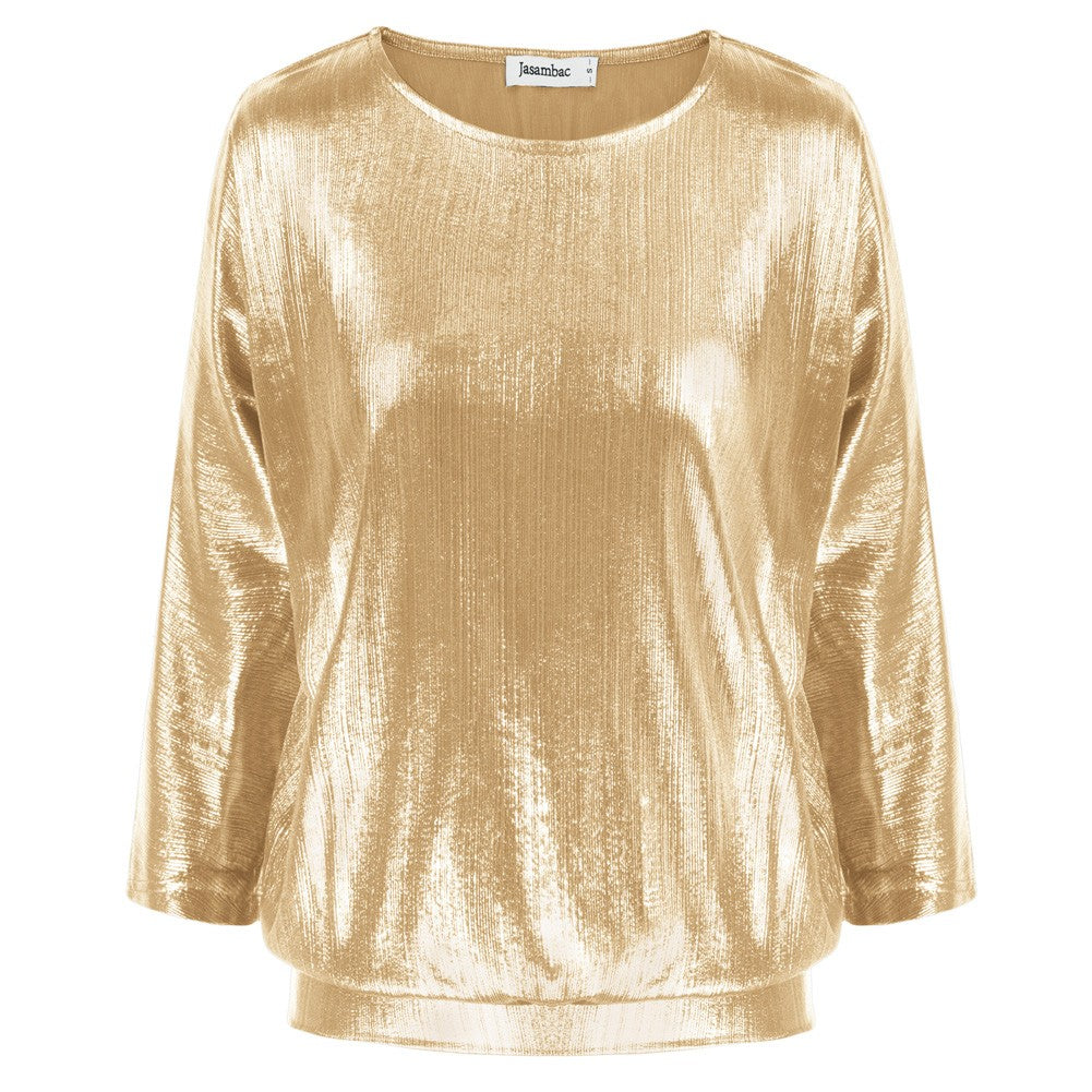 Jasambac Women Metallic-Like Tops Loose Fit 3/4 Sleeve Crew Neck Tops