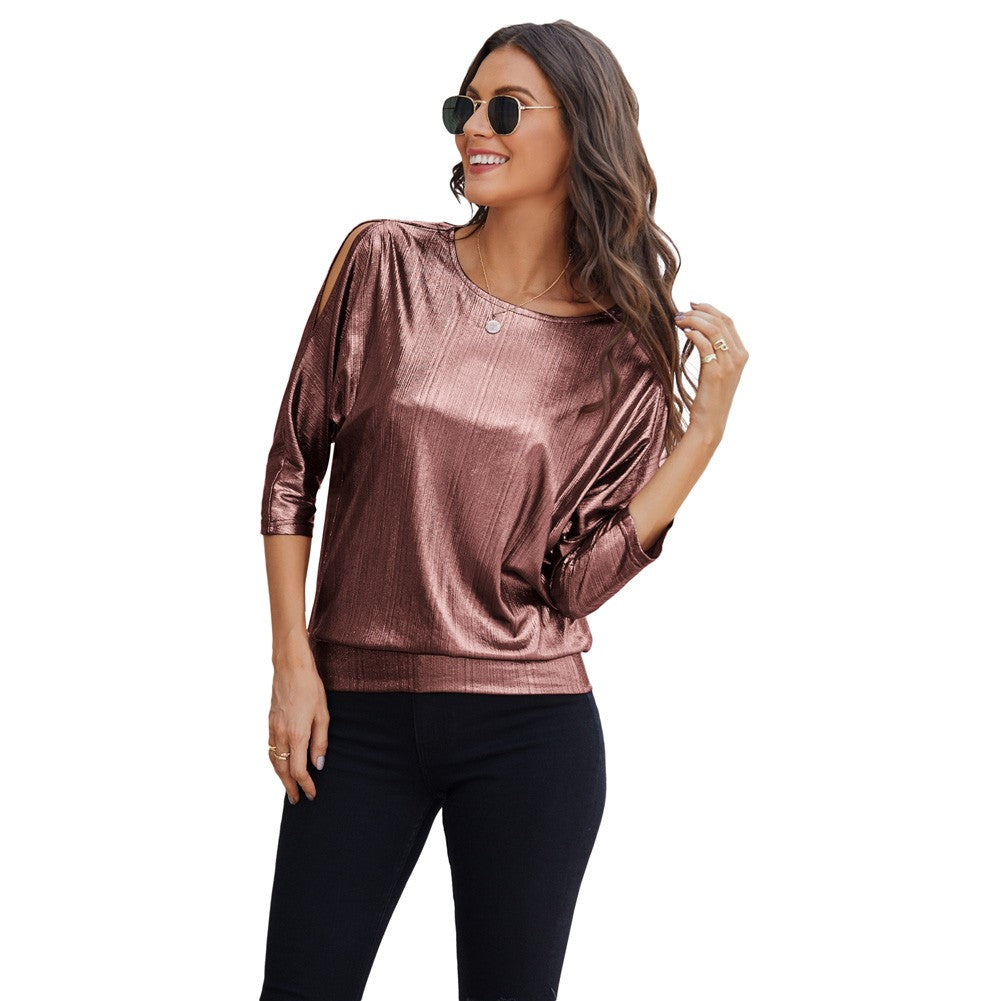 Jasambac Women Metallic-Like Tops Loose Fit 3/4 Sleeve Crew Neck Tops