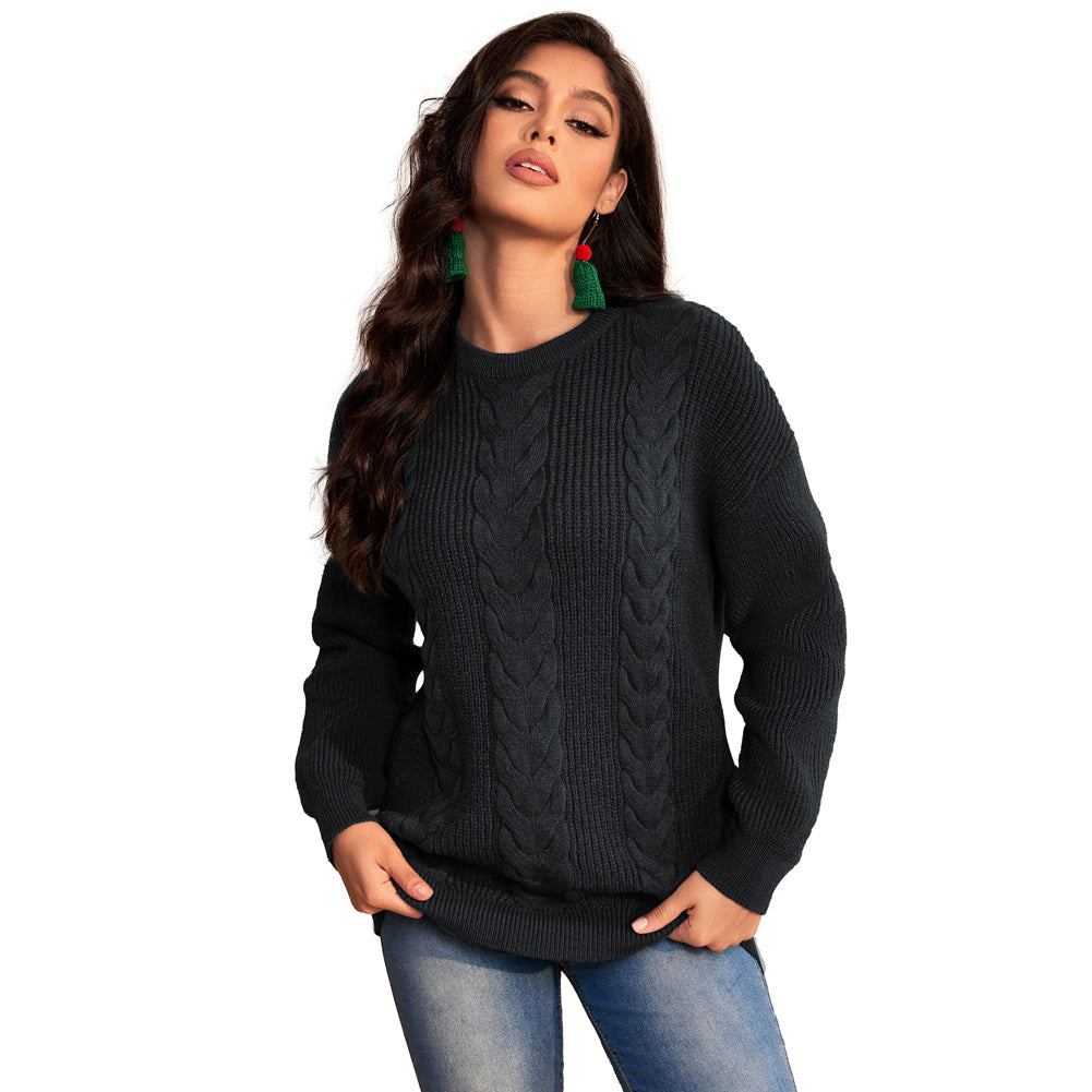 Jasambac Women Cable Knitted Sweater Dropped Shoulder Crew Neck Pullover Jumper