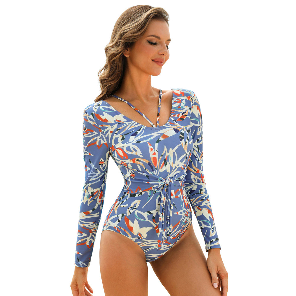 Jasambac Women Padded Bathing Suit Long Sleeve U-Neck Hollowed-out Back Swimwear