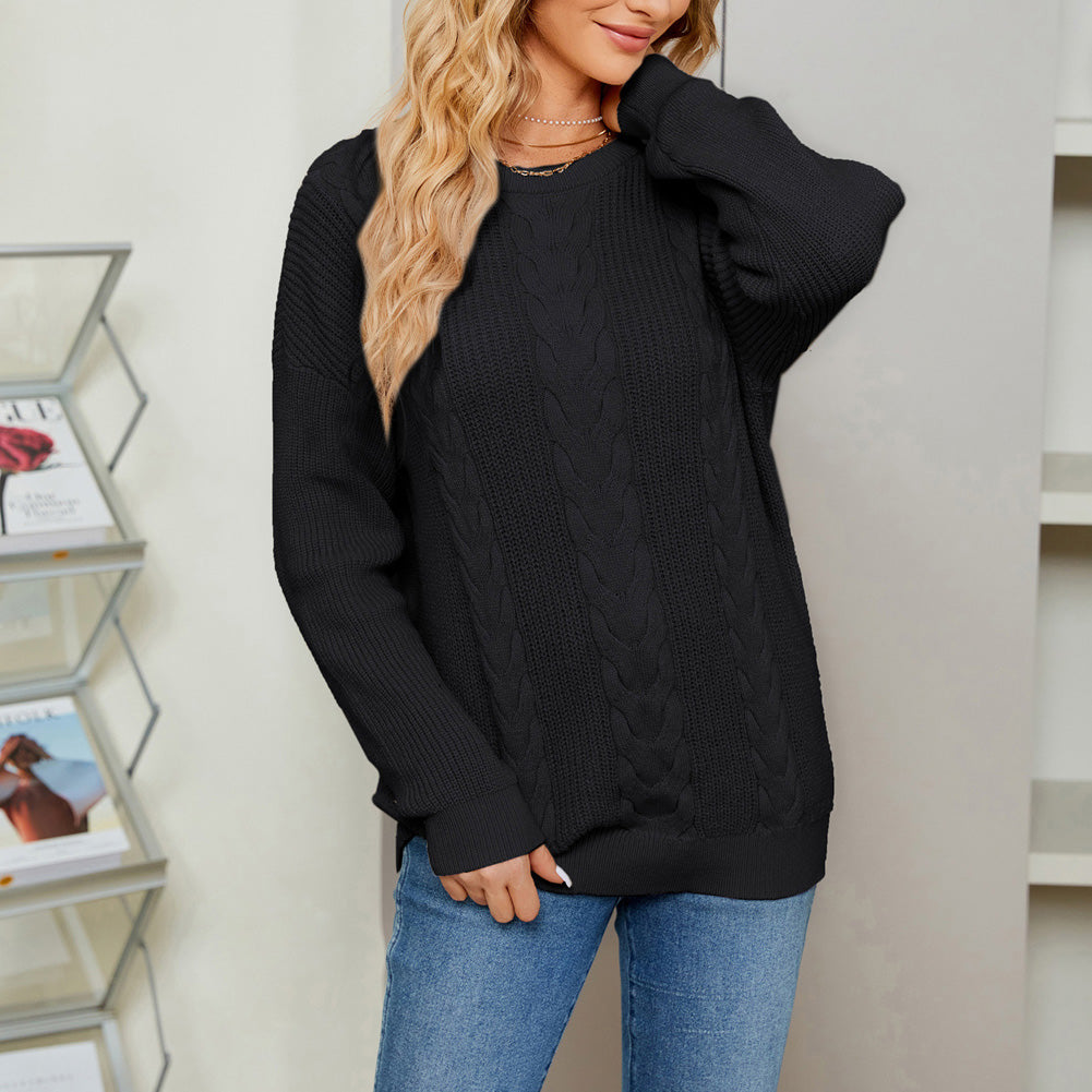 Jasambac Women Cable Knitted Sweater Dropped Shoulder Crew Neck Pullover Jumper