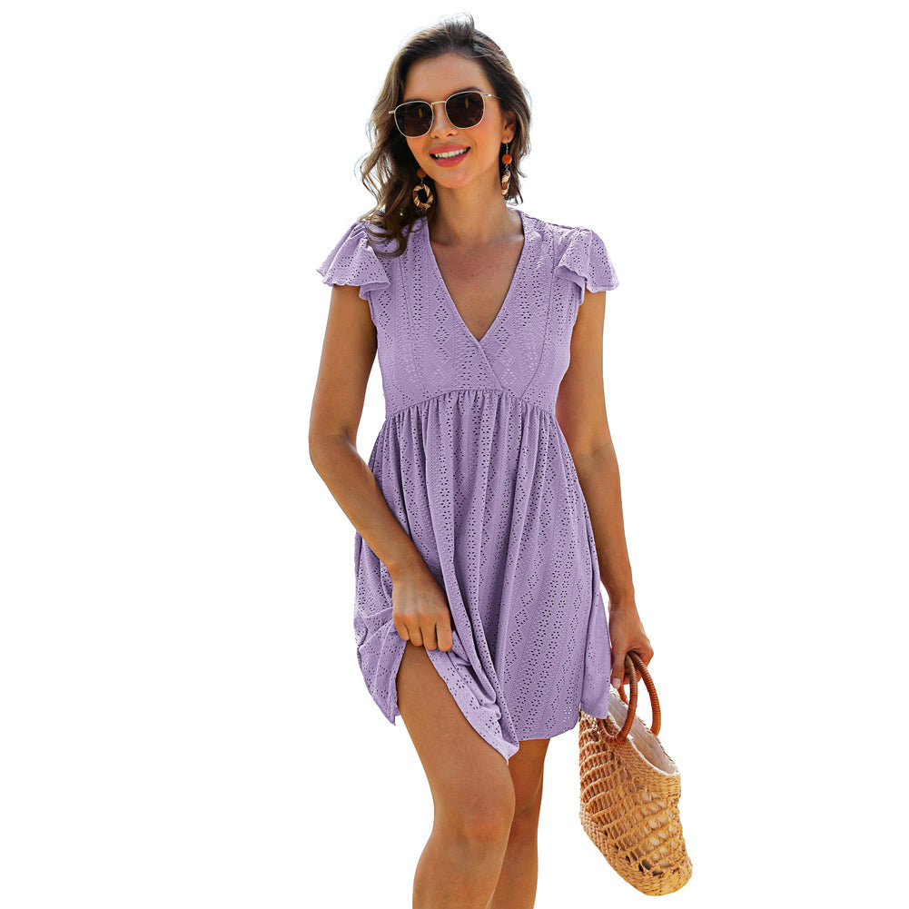 Jasambac Women Hollowed-out Cover-up Dress Short Sleeve V-Neck Beach Dress