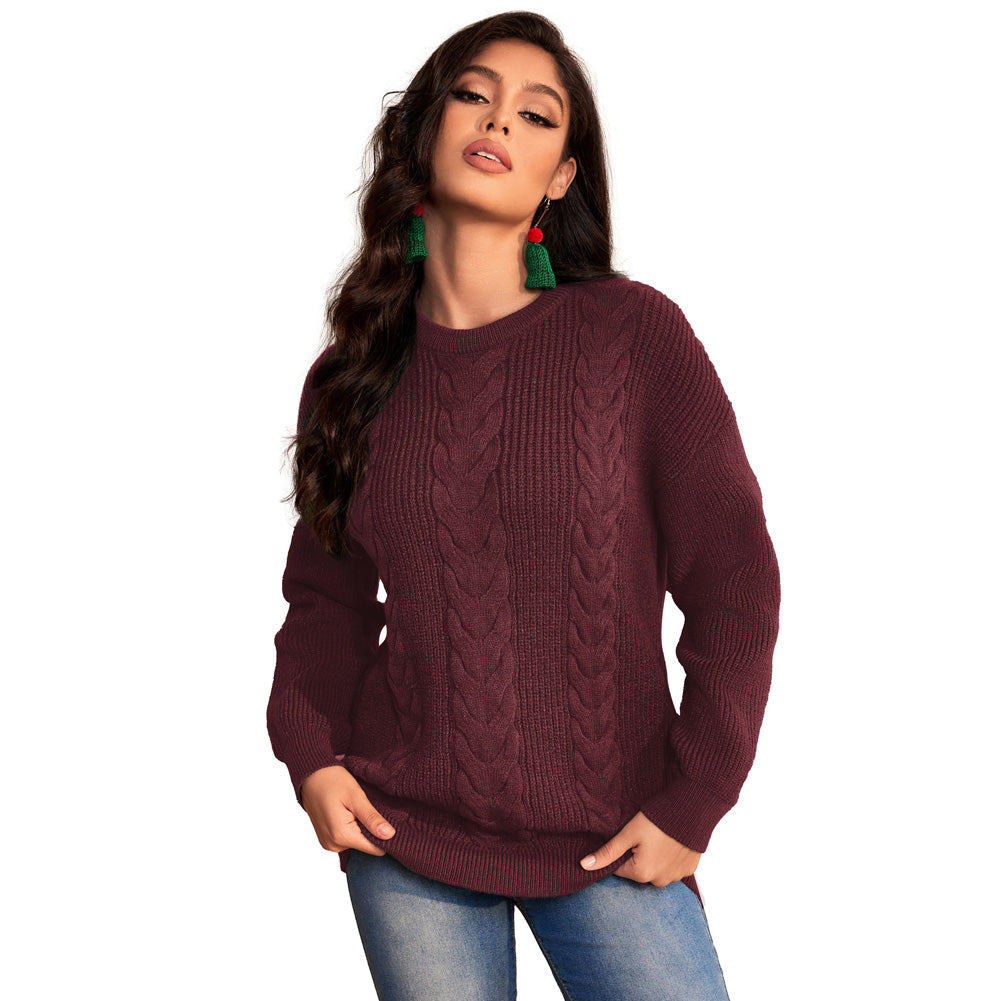 Jasambac Women Cable Knitted Sweater Dropped Shoulder Crew Neck Pullover Jumper