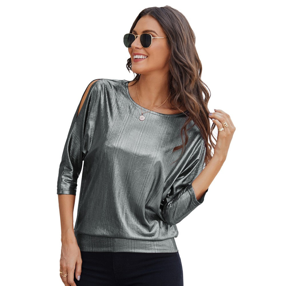 Jasambac Women Metallic-Like Tops Loose Fit 3/4 Sleeve Crew Neck Tops