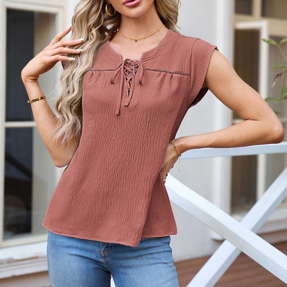 Jasambac Women Notched Neck Tops Loose Fit Casual Cap Sleeve Lace-up Neck Tops