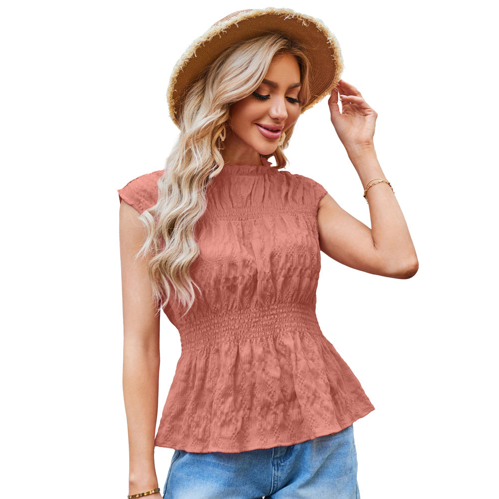 Jasambac Women Smocked Tops OL Cap Sleeve Crew Neck Keyhole Back Tops