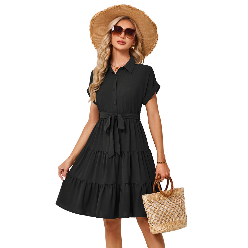 Jasambac Women Shirt Dress Short Sleeve Lapel Collar Elastic Waist A-Line Dress