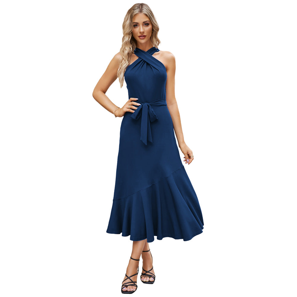 Jasambac Women Cross Halterneck Party Dress Tiered Flared A-Line Midi Dress