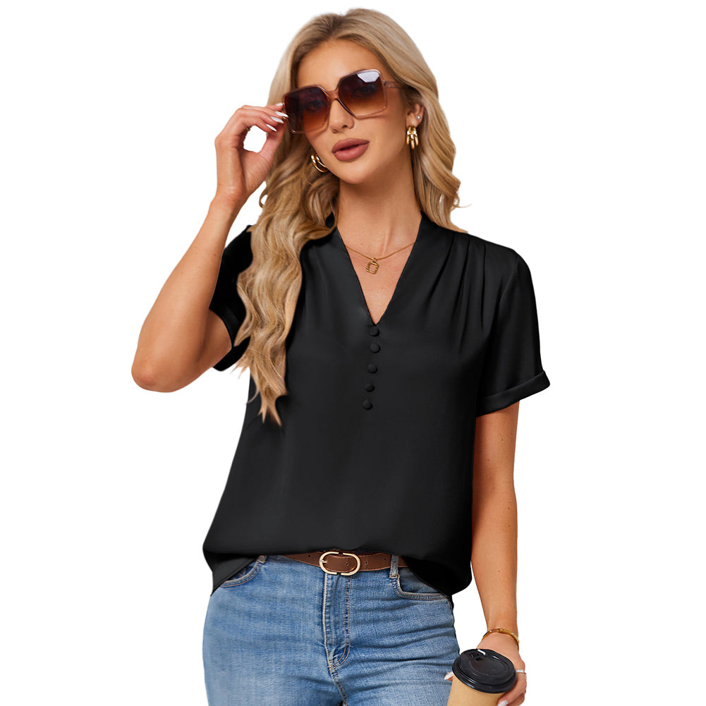 Jasambac Women V-Neck Blouse OL Comfy Short Sleeve Pullover Tops