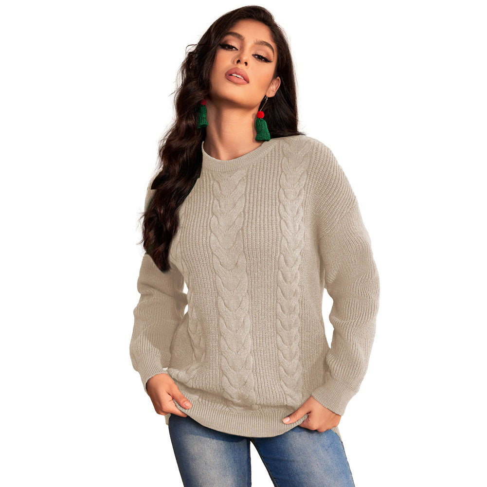 Jasambac Women Cable Knitted Sweater Dropped Shoulder Crew Neck Pullover Jumper