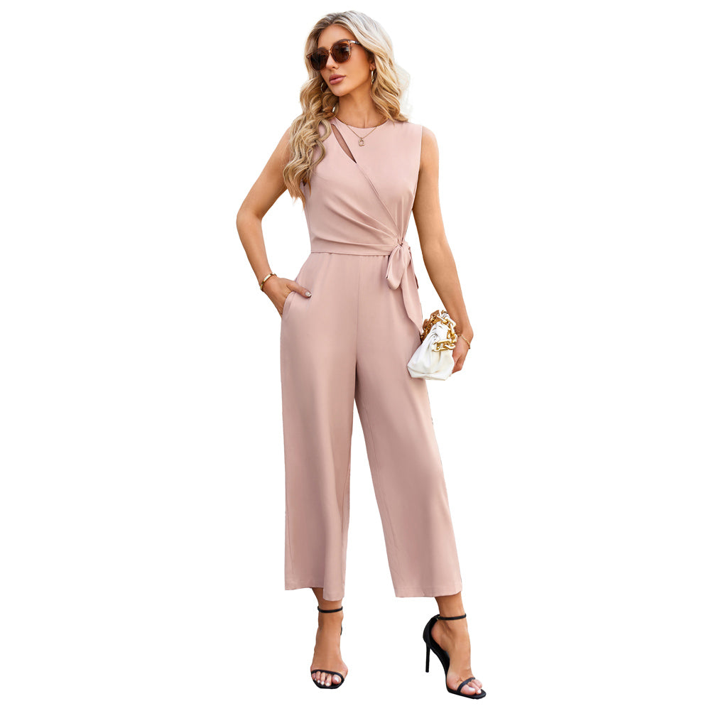 Jasambac Women Straight Leg Jumpsuit OL Sleeveless Crew Neck Full Length Romper