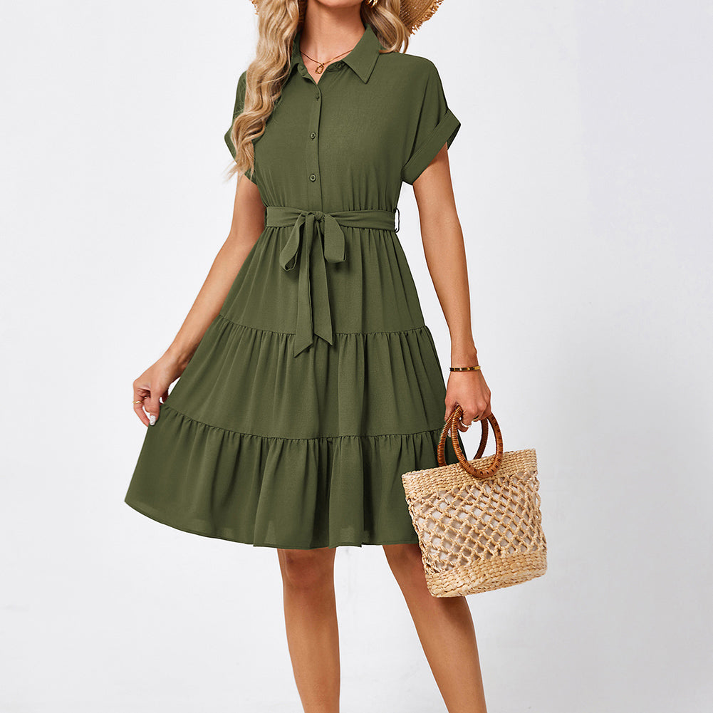 Jasambac Women Shirt Dress Short Sleeve Lapel Collar Elastic Waist A-Line Dress