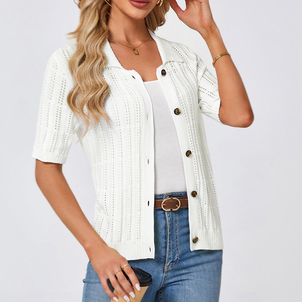 Jasambac Women Hollowed-out Cardigan 1/2 Sleeve Lapel Collar Button-up Sweater