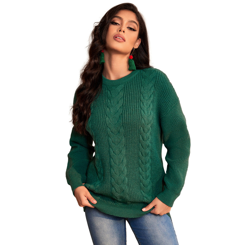 Jasambac Women Cable Knitted Sweater Dropped Shoulder Crew Neck Pullover Jumper