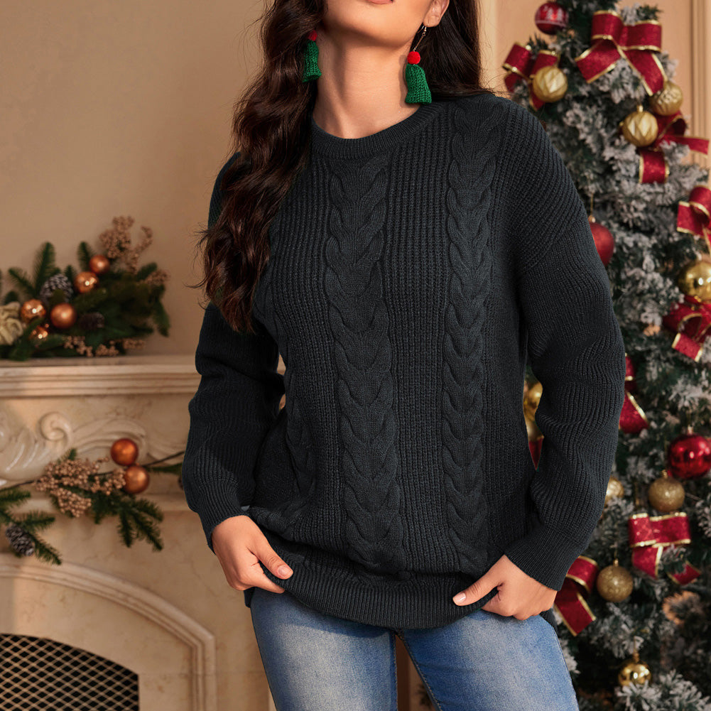 Jasambac Women Cable Knitted Sweater Dropped Shoulder Crew Neck Pullover Jumper