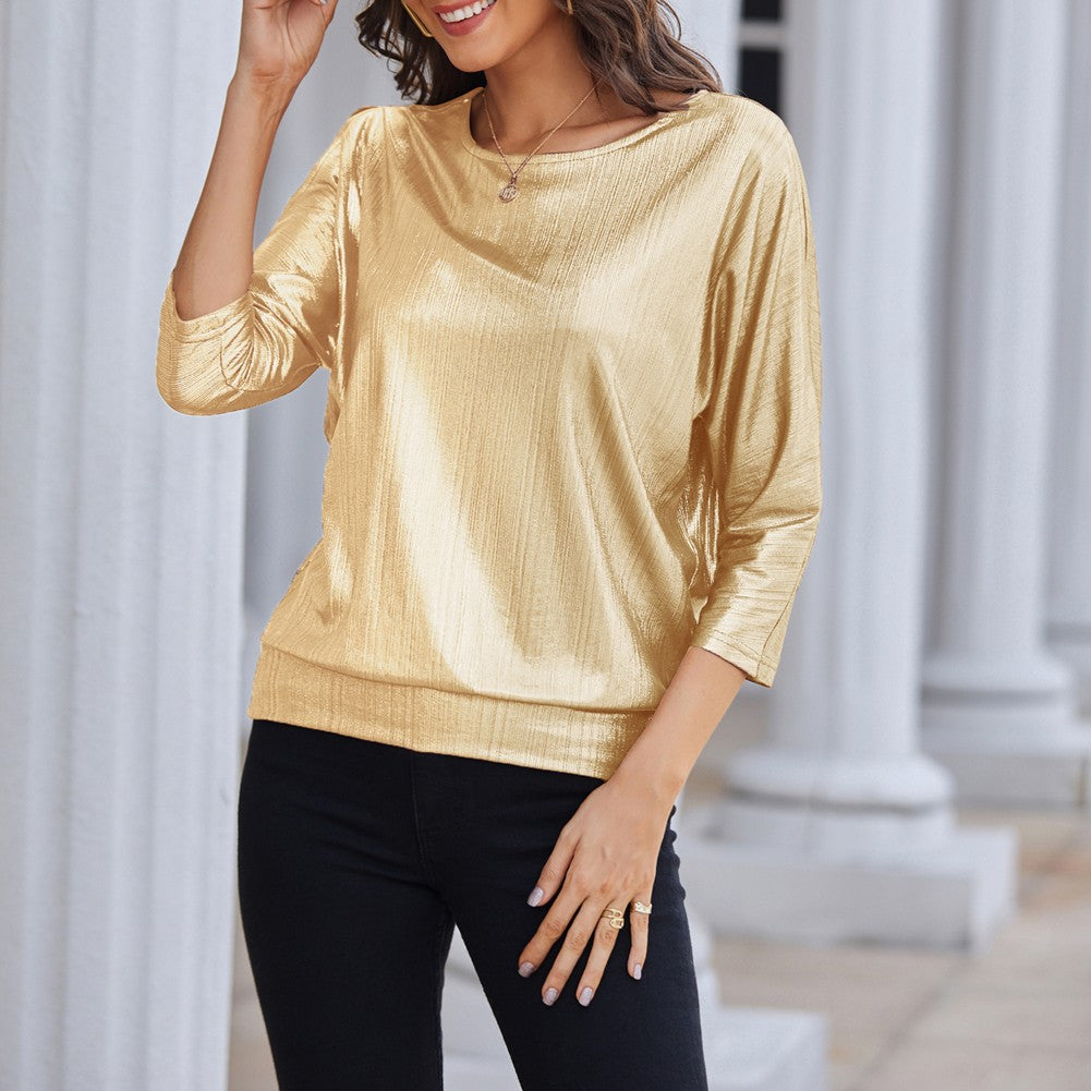 Jasambac Women Metallic-Like Tops Loose Fit 3/4 Sleeve Crew Neck Tops