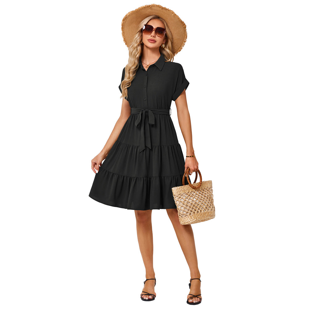 Jasambac Women Shirt Dress Short Sleeve Lapel Collar Elastic Waist A-Line Dress