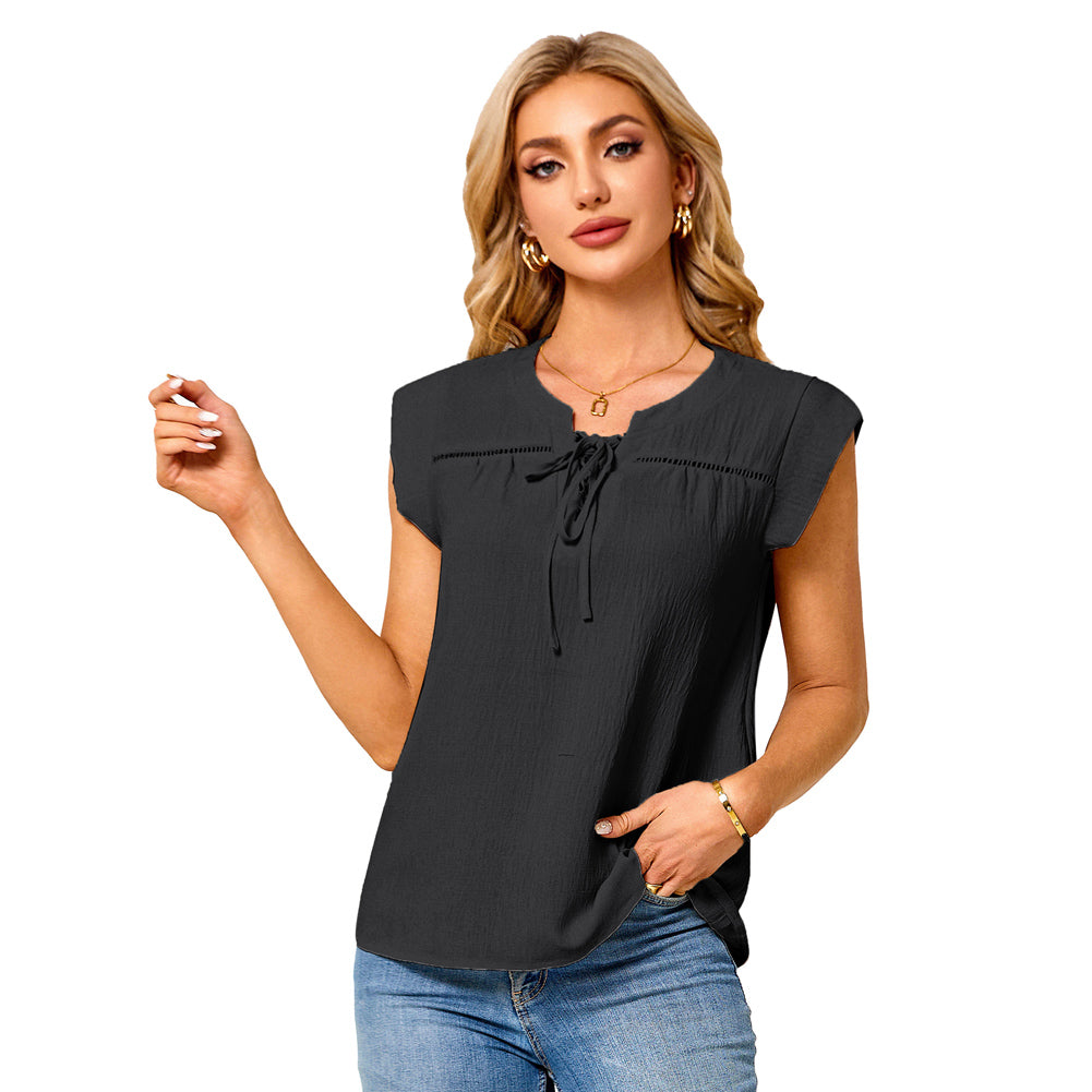 Jasambac Women Notched Neck Tops Loose Fit Casual Cap Sleeve Lace-up Neck Tops