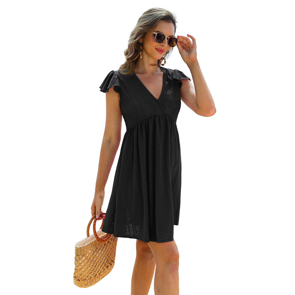 Jasambac Women Hollowed-out Cover-up Dress Short Sleeve V-Neck Beach Dress