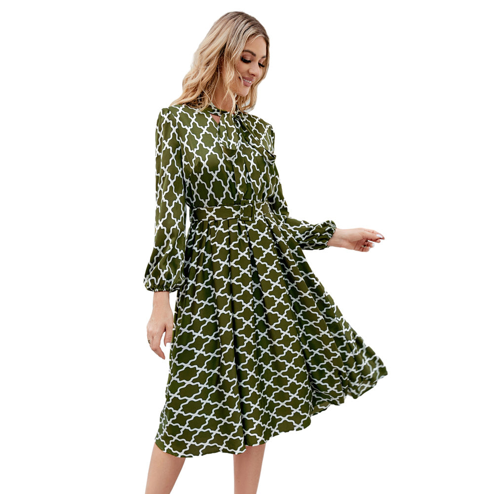 Jasambac Women Bow-Knot Decorated Dress Long Sleeve V-Neck Pleated A-Line Dress