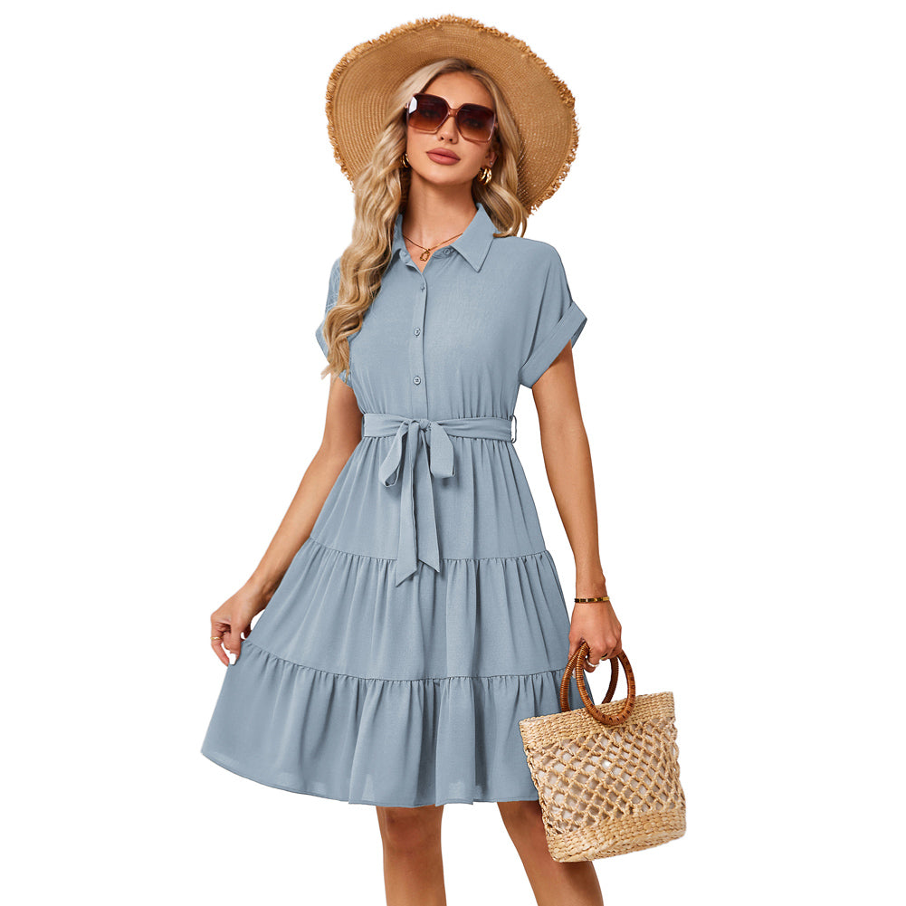 Jasambac Women Shirt Dress Short Sleeve Lapel Collar Elastic Waist A-Line Dress