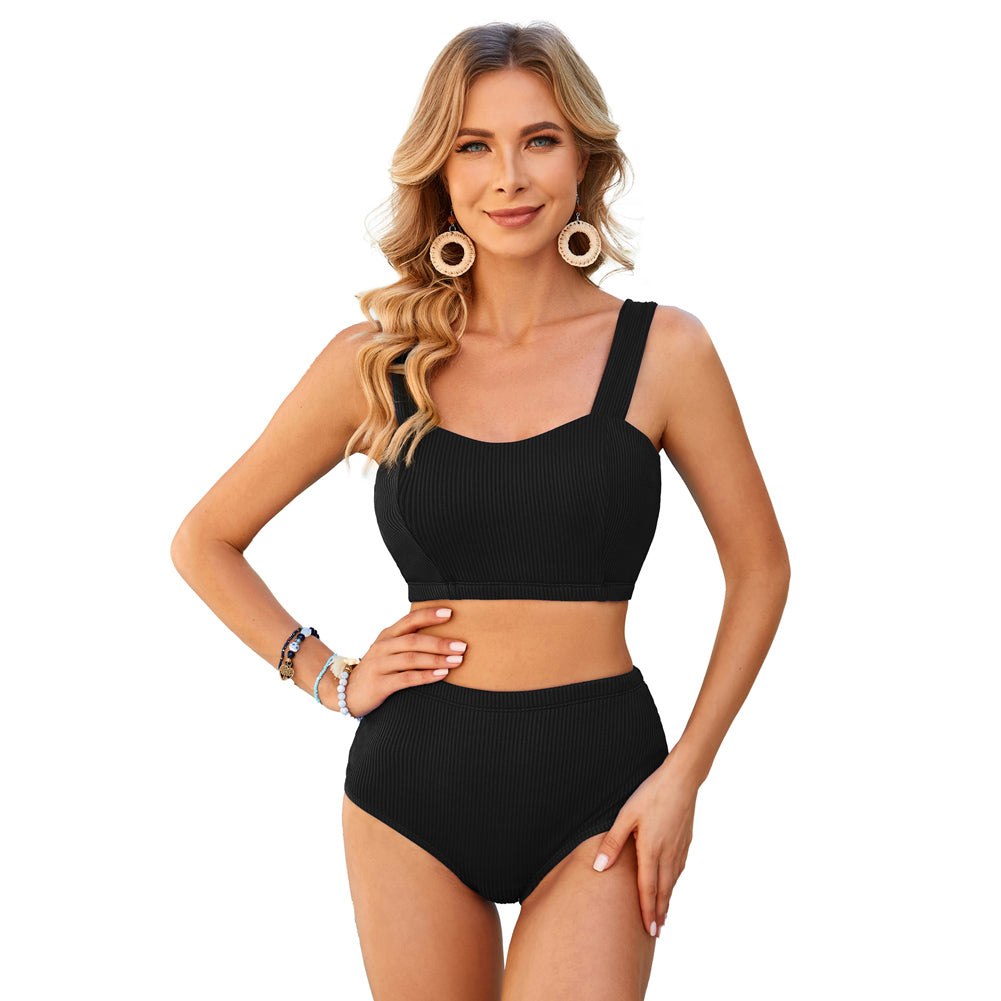 Jasambac Women Ribbed Swimsuit Elastic Hem Padded Swim Tops+Briefs Swimwear