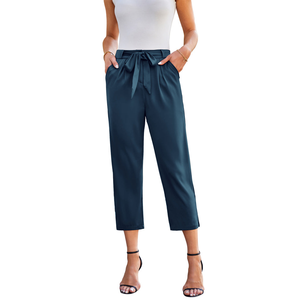 Jasambac Women Capri Pants Elastic Waist Slit Leg Opening Cropped Pants