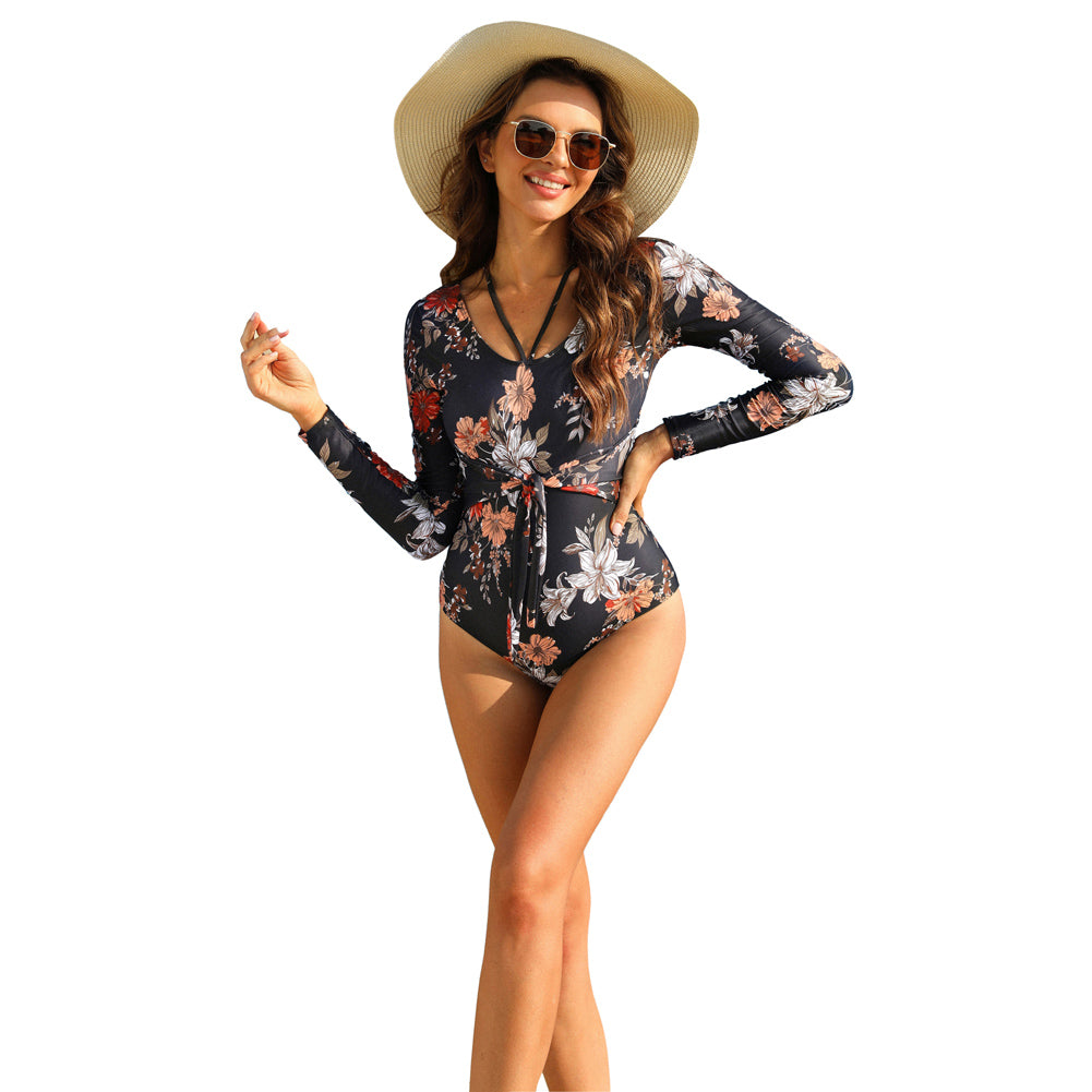 Jasambac Women Padded Bathing Suit Long Sleeve U-Neck Hollowed-out Back Swimwear