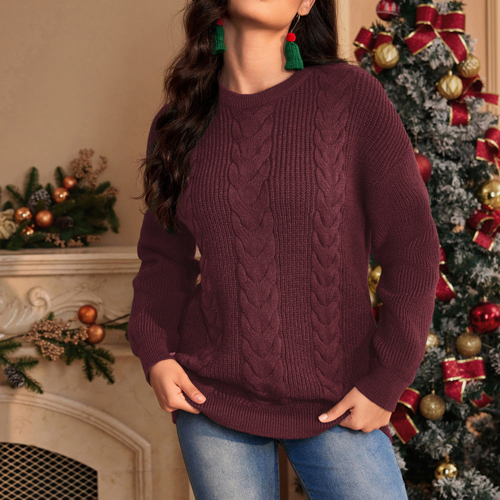 Jasambac Women Cable Knitted Sweater Dropped Shoulder Crew Neck Pullover Jumper