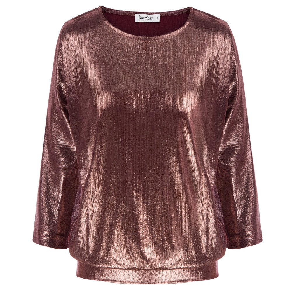 Jasambac Women Metallic-Like Tops Loose Fit 3/4 Sleeve Crew Neck Tops