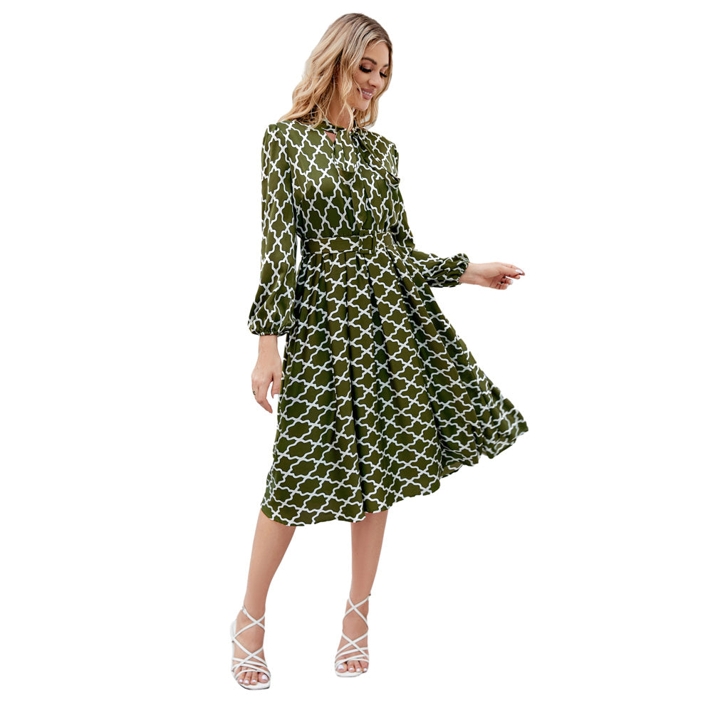 Jasambac Women Bow-Knot Decorated Dress Long Sleeve V-Neck Pleated A-Line Dress