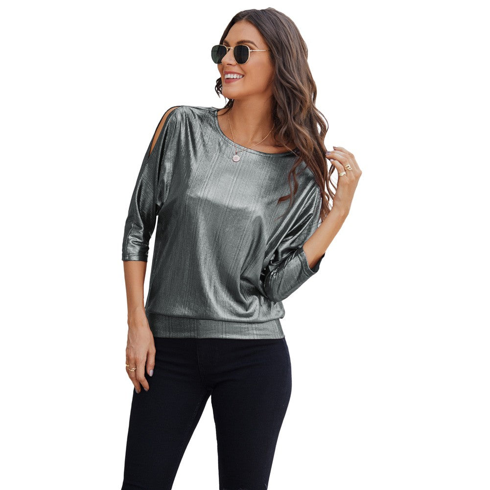 Jasambac Women Metallic-Like Tops Loose Fit 3/4 Sleeve Crew Neck Tops