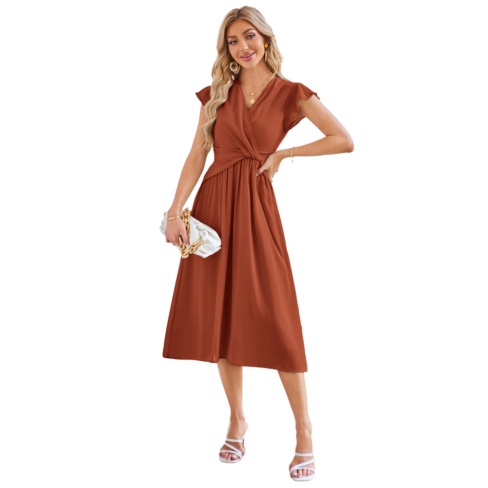 Jasambac Women Elastic Waist Mid-Calf Dress OL Short Sleeve V-Neck A-Line Dress