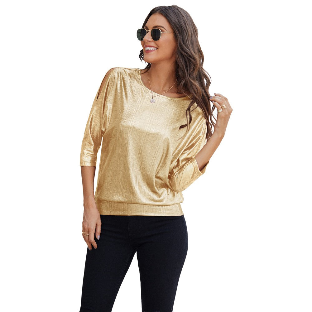 Jasambac Women Metallic-Like Tops Loose Fit 3/4 Sleeve Crew Neck Tops