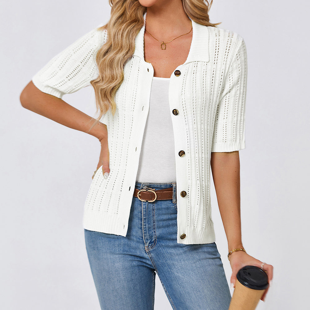 Jasambac Women Hollowed-out Cardigan 1/2 Sleeve Lapel Collar Button-up Sweater