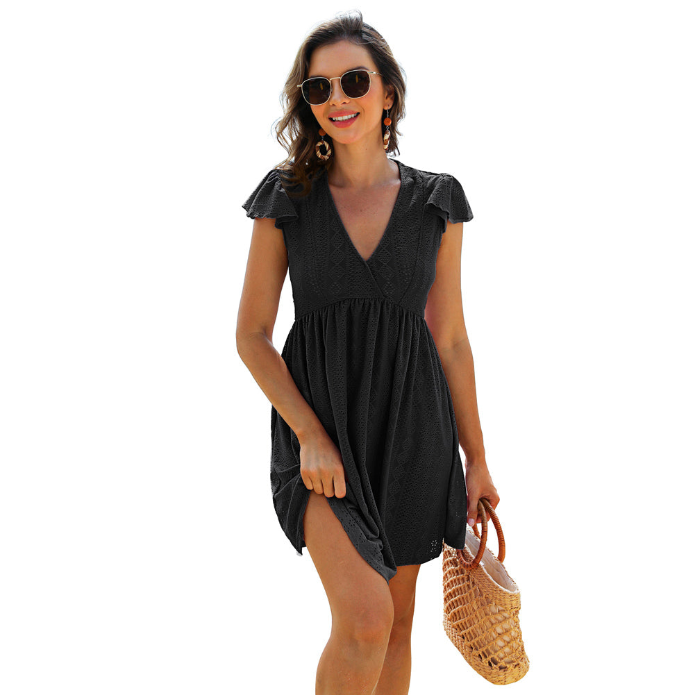 Jasambac Women Hollowed-out Cover-up Dress Short Sleeve V-Neck Beach Dress