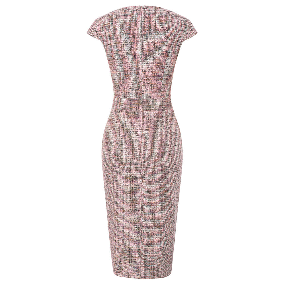 Jasambac Women Wrap Hem Tweed Dress OL Cap Sleeve Crew Neck Bodycon Dress