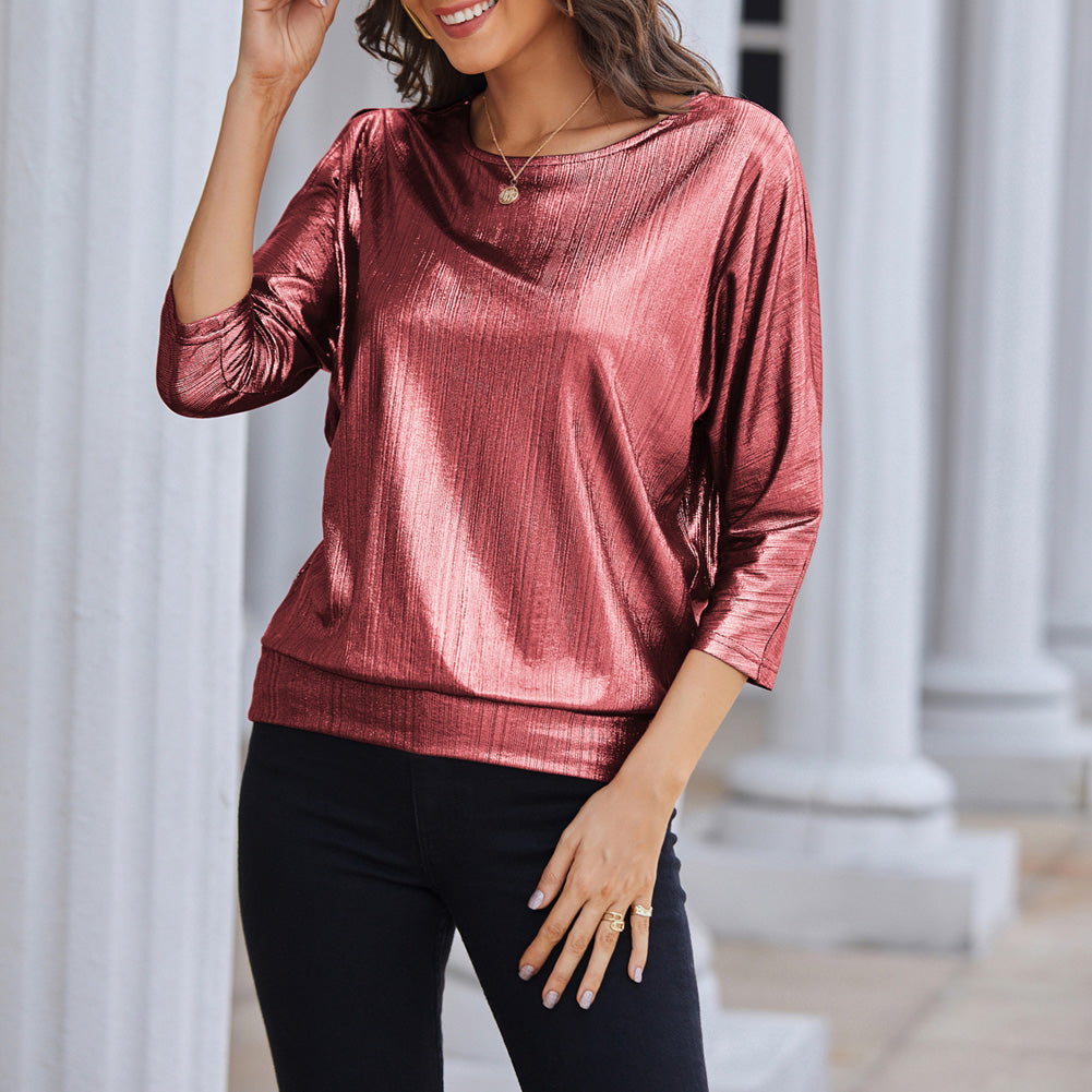 Jasambac Women Metallic-Like Tops Loose Fit 3/4 Sleeve Crew Neck Tops