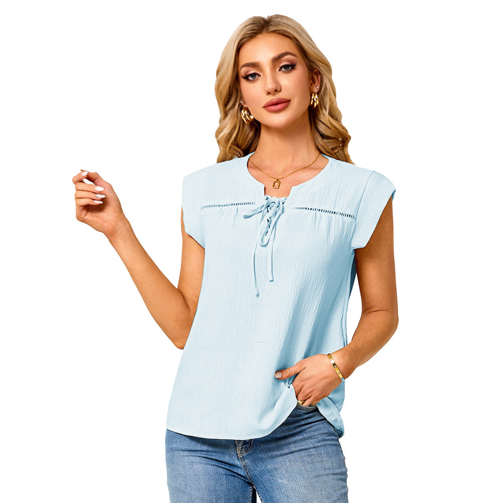 Jasambac Women Notched Neck Tops Loose Fit Casual Cap Sleeve Lace-up Neck Tops