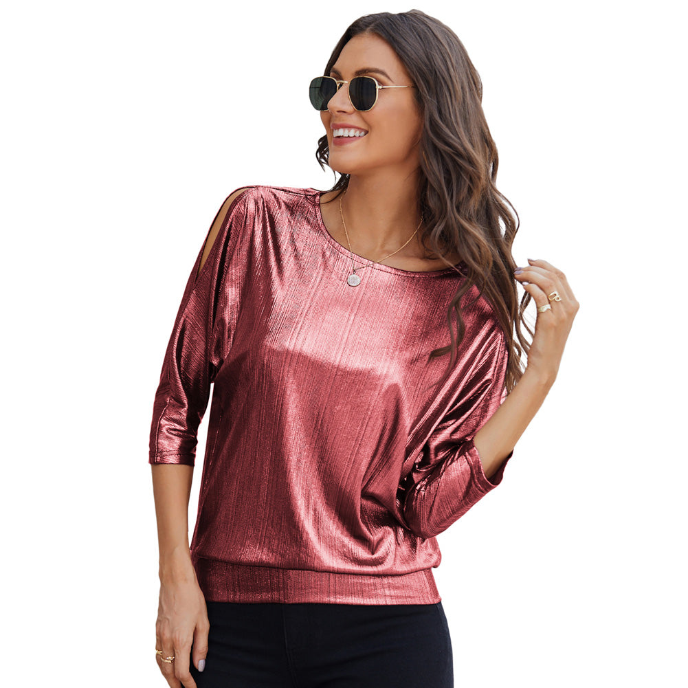 Jasambac Women Metallic-Like Tops Loose Fit 3/4 Sleeve Crew Neck Tops